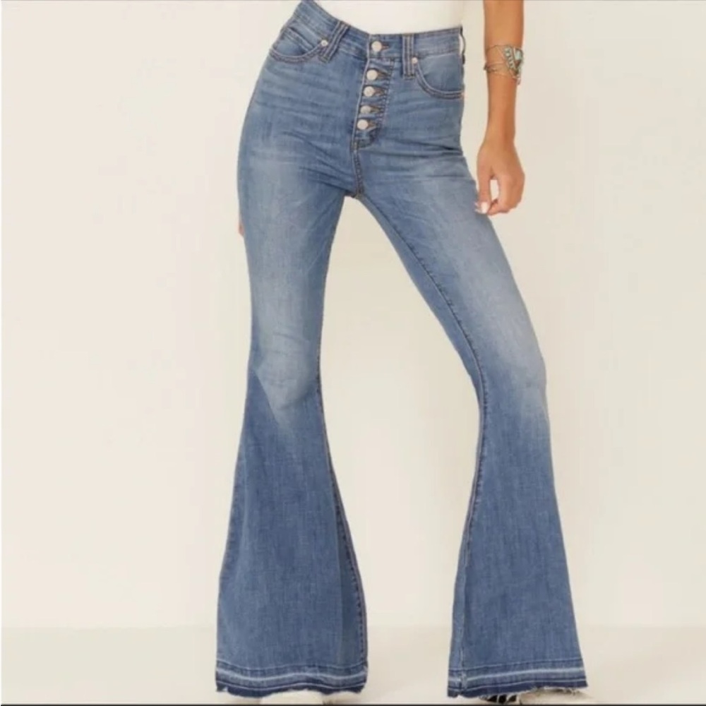 We The Free High-Waist Button-Fly Flare Jeans in Light Blue